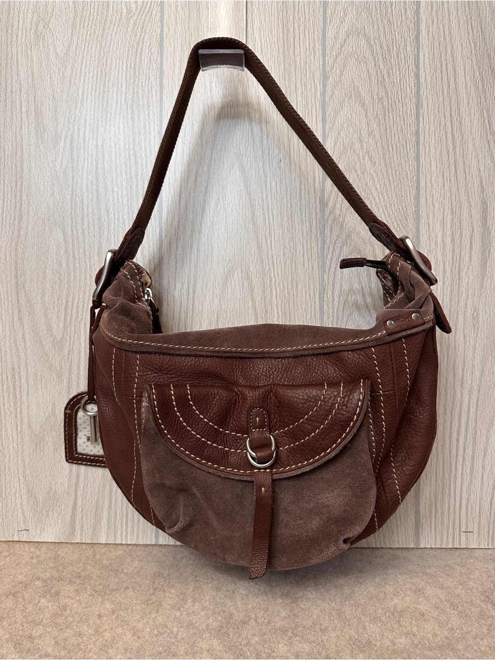 Fossil Vintage Y2K Brown Leather Suede Hobo Shoulder Bag Purse